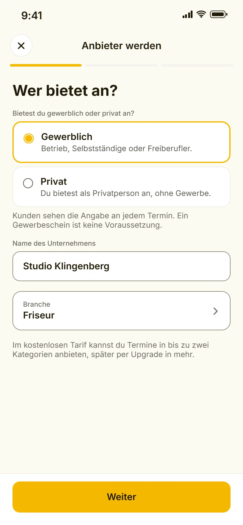 App-Screen Anbieter werden, Schritt 1 von 3, Wer bietet an: Gewerblich ausgewählt, Name des Unternehmens Studio Klingenberg, Branche Friseur